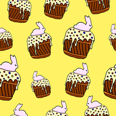 Seamless pattern with easter cake ink hand drawn illustration with icing easter bunny. Holiday sweet food. Colorful and beautiful holiday cake.