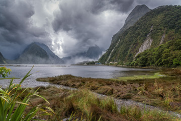 Dramatic wind and clouds during storm at Milford Sound, New Zealand 2
