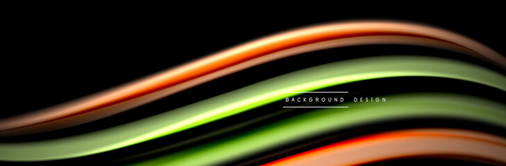 Silk and smooth flow wave poster design. Color waves, liquid style lines and shapes in black color background