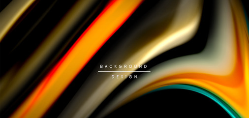 Abstract silk smooth lines on black, multicolored liquid fluid rainbow style waves on black