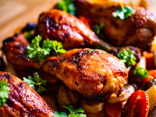 Barbecue chicken drumsticks with roast vegetables