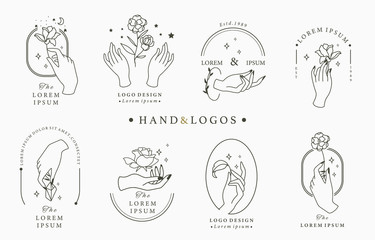 Beauty occult logo collection with hand, rose,crystal,moon,star,heart.Vector illustration for icon,logo,sticker,printable and tattoo