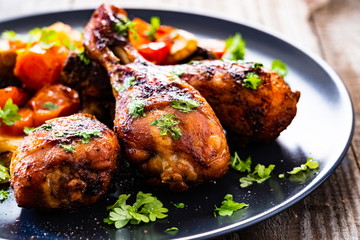 Barbecue chicken drumsticks with roast vegetables