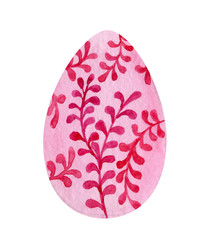  pink Easter egg with vegetable raspberry pattern. Watercolor illustration. Object nga white background.