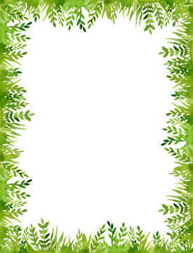 Watercolor frame of green grass isolated on white background.