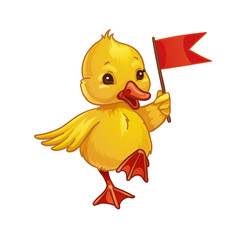 Cute little duckling goes with the flag. Spring vector design. Isolated on white background.