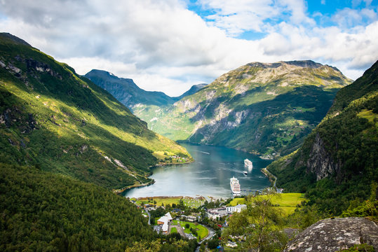 Beautiful aerial landscape view Geiranger village, harbor and fjord in More og Romsdal county in Norway.