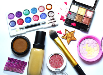 Make up base,Fairy candy pearls blusher,Blush on, Make up brush,Star eye shadows,Foundation,Eyelashes,Flowers,Highlights and shading are on the white background,flat lay