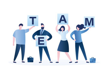 Businesspeople characters holding separated word - Team. Businessmen, businesswomen perfect teamwork.