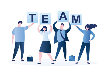 Businesspeople characters holding separated word - Team. Businessmen, businesswomen perfect teamwork.