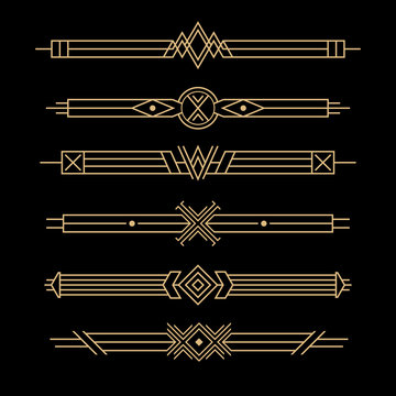 Set of art deco dividers - ornamental golden line header collection on dark background in 1920s style