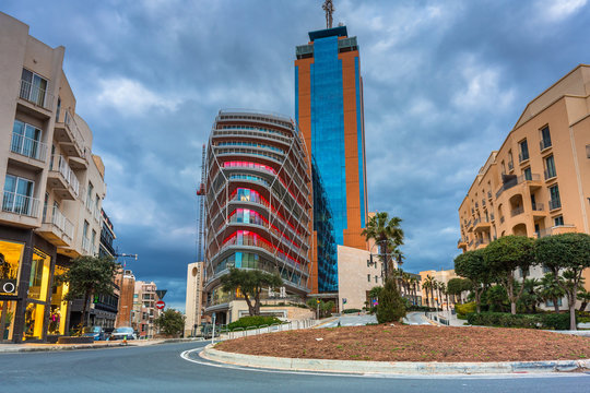 St. Julian's, Malta - January 11, 2019: The Portomaso Business Tower in the Portomaso section of St. Julian's town, Malta. This is the tallest building in Malta.