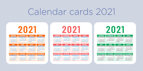 Calendar 2021 year set. Vector pocket or wall calender template collection. Simple color design. Week starts on Sunday