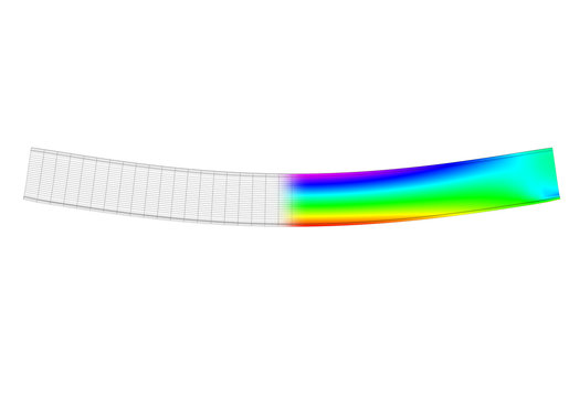 A simple supported I-beam bending under uniform distributed load. Side view 3D Illustration of mesh deformation and plot of normal stresses from finite element analysis on white backround