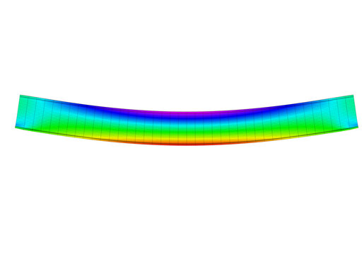 A simple supported I-beam bending under uniform distributed load. Side view 3D Illustration of mesh deformation and plot of normal stresses from finite element analysis on white backround