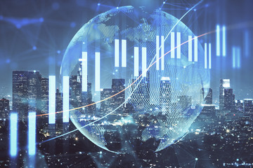Forex chart on cityscape with tall buildings background multi exposure. Financial research concept.