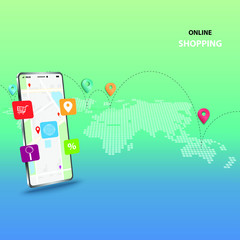 Business concept of online shopping, five icons about shopping on top of the display which contains map and gps, the background is about map and route of the shipment in blue green shade color.