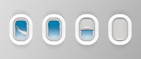 Airplane window set. Plane portholes for banner. Realistic illuminator. View from jet on the wing. Porthole shutter, curtain positions. Travel sign. Vector illustration.