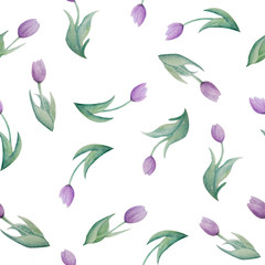 seamless watecolor hand drawn pattern with purple lilac violet tulip flowers plants realistic botanical illustration for nature lovers on white isolated background green leaves leaf floral spring