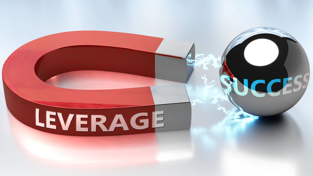 Leverage helps achieving success - pictured as word Leverage and a magnet, to symbolize that Leverage attracts success in life and business, 3d illustration