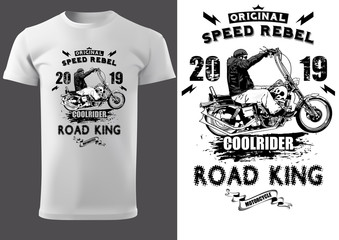 White T-shirt Design with Motorcyclist and Inscriptions - Graphic Design for Printmaking T-shirt or Poster and etc., Vector