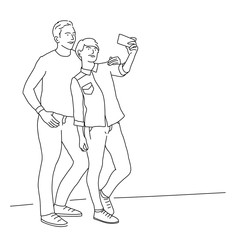Line drawing of couple making selfie photo. Vector illustration.