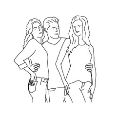 Line drawing of man hugging two girls. Vector illustration.