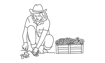 Line drawing of woman works in the garden. Gardening or planting concept. Vector illustration.