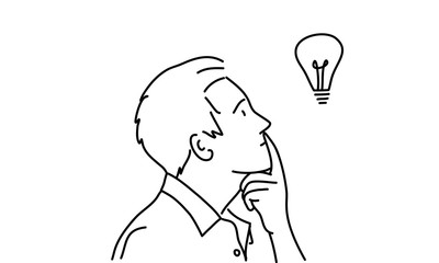 Line drawing of young man having a good idea. Profile. Vector illustration.