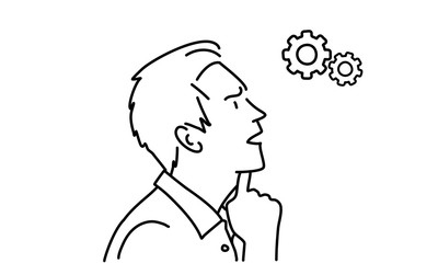 Line drawing of thoughtful man holding hand on chin. Profile. Vector illustration.