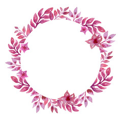 Watercolor hand drawn shape frame on white isolated circle round purple branch flower leaf violet lilac leaves botanical wreath pink vibrant bright intense colorful textile wallpaper wedding floral