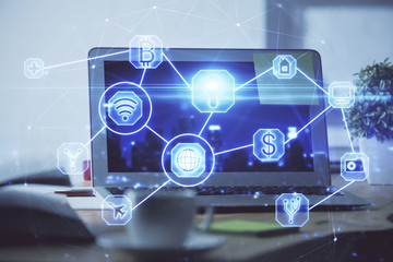 Computer on desktop with social network theme icon. Multi exposure. Concept of international connections.