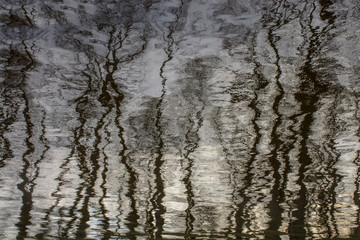 Fototapeta na wymiar Abstract reflection of trees in the water of a river.