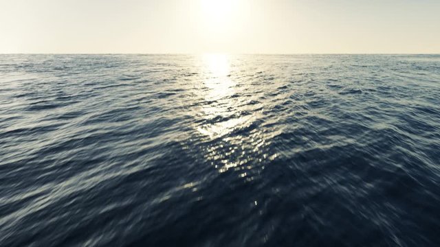 Cinematic angle aerial view of flying over the Ocean at sunset . 3d animation rendering .