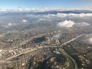 Sky view of Los Angeles under low hanging fog