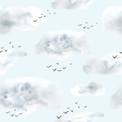 seamless watercolor hand drawn pattern on blue background with indigo clouds migratory wild birds wildlife for nature lovers wind foggy misty cloudy  weather heaven flying birds calm natural soft