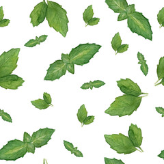 Naklejka na ściany i meble seamless hand drawn watercolor pattern background with vibrant colors green mint. Intense colors greenery, healthy food, for kitchen, textile and wallpaper vegetarian vegan white isolated background