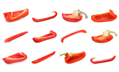 Set of cut ripe red bell peppers on white background