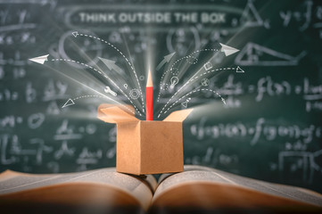 think outside the box on school green blackboard . startup  education concept. creative idea....