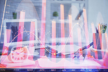 Financial graph displayed on woman's hand taking notes background. Concept of research. Multi exposure