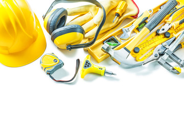 big set of yellow construction tools isolated on white background