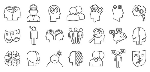 Bipolar disorder disease icons set. Outline set of bipolar disorder disease vector icons for web design isolated on white background - obrazy, fototapety, plakaty