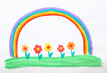 Obraz na płótnie Canvas Child's painting of flowers and rainbow on white paper