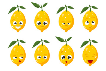 Limon fruit. Cute vector character set in various action emotions. Collection fruit isolated on a white background