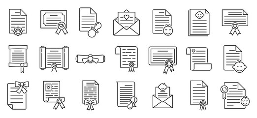 Certificate of birth icons set. Outline set of certificate of birth vector icons for web design isolated on white background