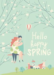 Fototapeta premium Cartoon happy couple in love riding on swing in spring garden