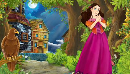 cartoon scene with princess in the forest near the city street romantic illustration for children