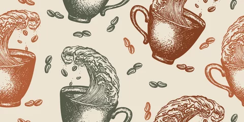 Tapeten Kaffee Sturm in eine Tasse Kaffee. Nahtloses Muster. Altes Papier verpacken, Scrapbooking-Stil. Vintage-Hintergrund. Mittelalterliche Handschrift, Gravurkunst