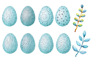 Easter set with willow twigs and patterned eggs. Hand drawn watercolor illustration isolated on white background. Design for holiday products, template, greetings, cover, postcard.