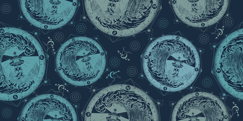 Lighthouse and storm seamless pattern. Packing old paper, scrapbooking style. Vintage background. Medieval manuscript, engraving art. Sea adventure concept